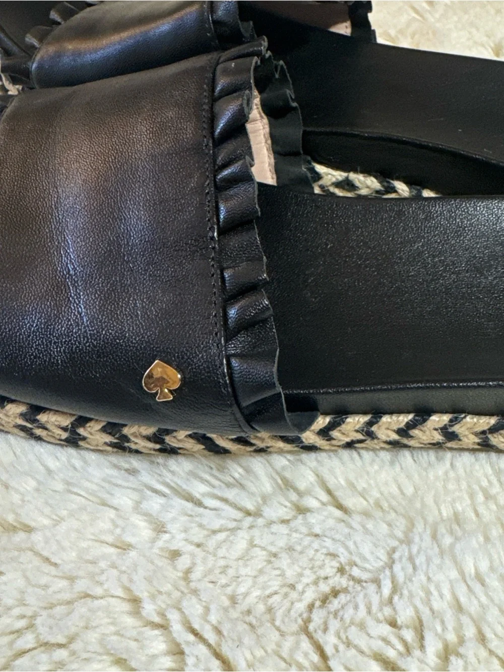 kate spade Black Leather Ruffle Espadrille Slide Sandals